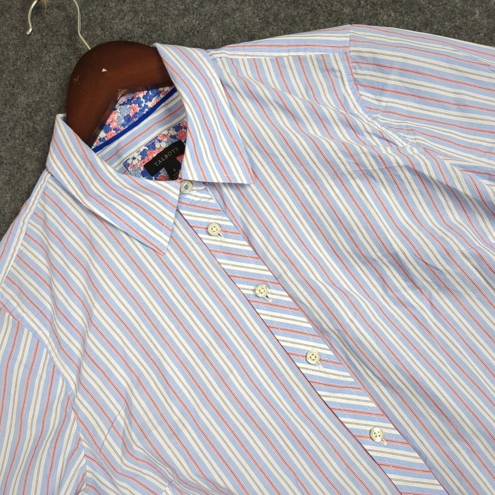 Talbots Womens Small Blue Pink Striped Button Down Shirt Floral Trim Long Sleeve